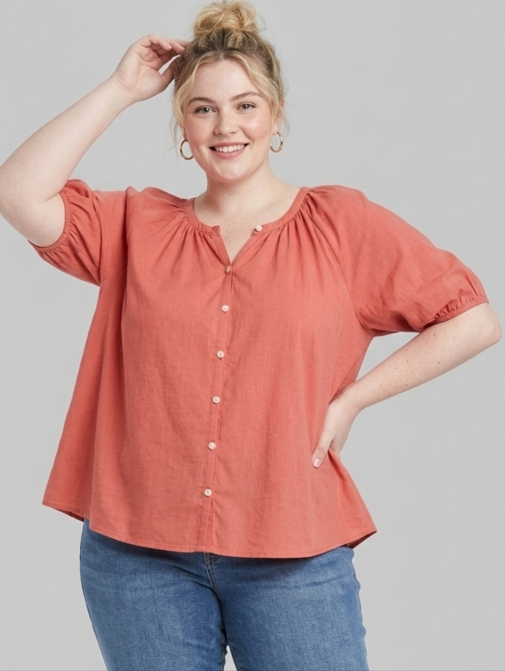Universal Thread Women's - Rust-Puff Short Sleeve Button Front Blouse - XXL